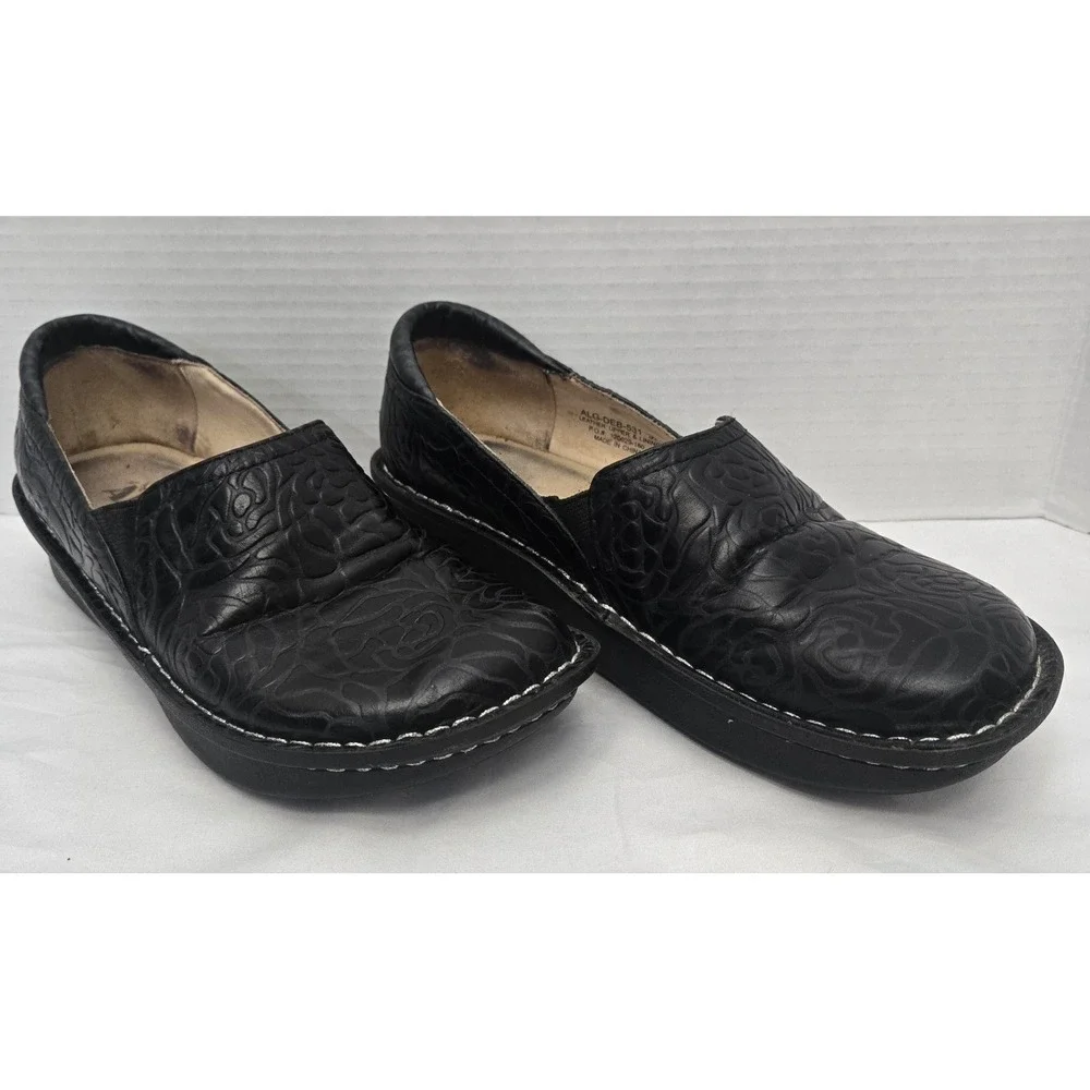 Alegria Debra Comfort Shoes EU Size 37 Black Leather Embossed Floral Slip On GUC
